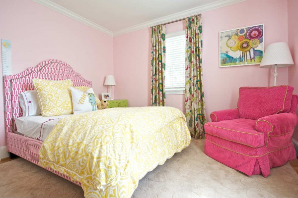 Color and pattern play bring an upbeat feel to this girls’ room. </br>(Arlington, Virginia)