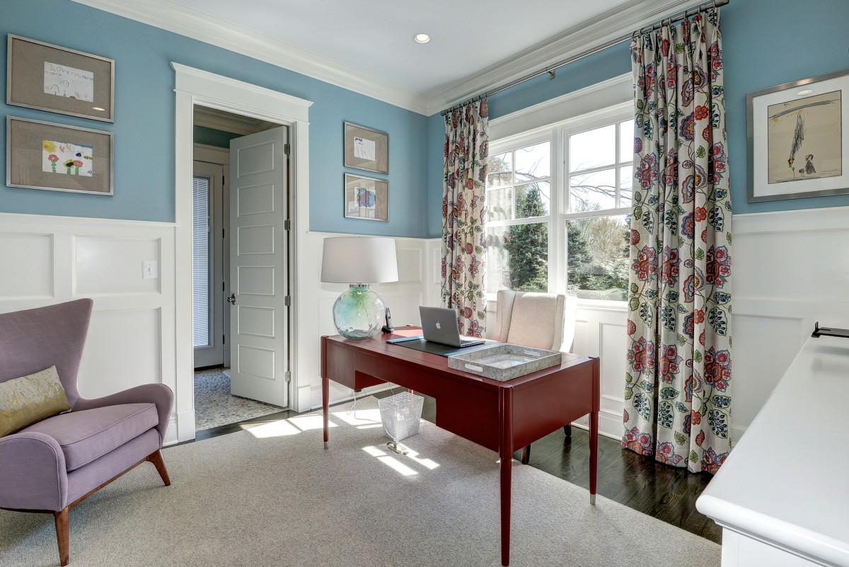 Twists of color, wood and glass give this workspace a fun yet sophisticated look. </br> (McLean, VA)